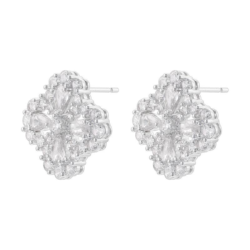 Light Luxury Copper Inlaid With Colored Diamonds, Four-Leaf Clover Earrings, Women'S High-End Flower Petal Earrings Ve1625