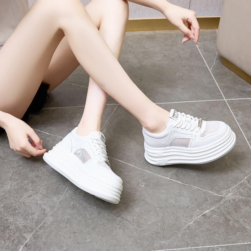 Leather mesh white shoes women's platform sports shoes women's inner height increase casual lace-up board shoes women