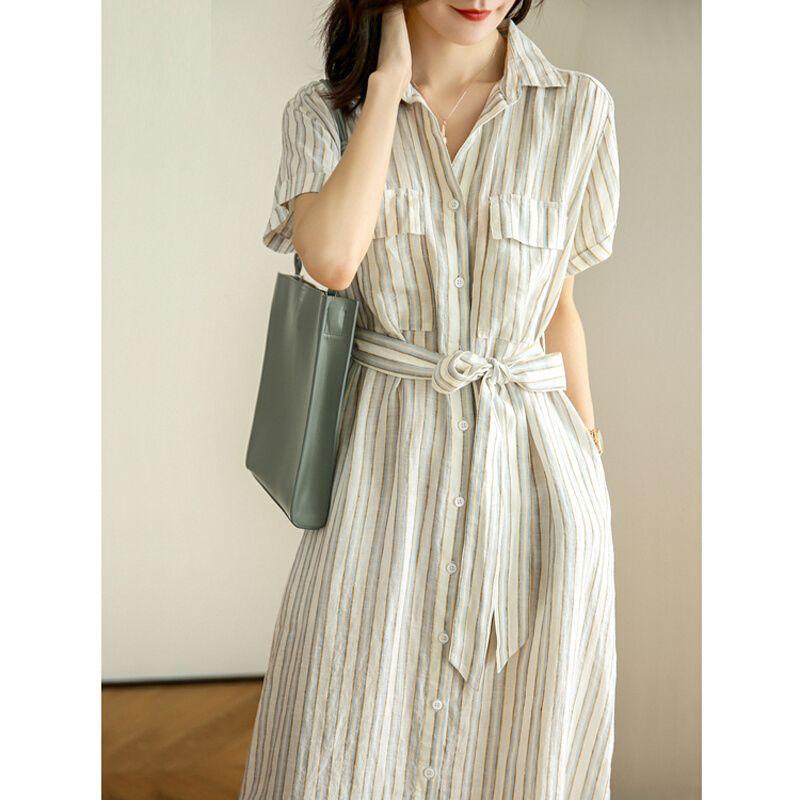Luxury Summer Linen Dress with Stripes Thin and Comfortable High Quality Womens Fashion