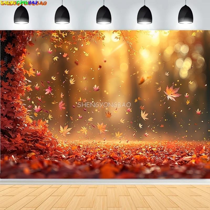 Vibrant Autumn Landscape Photography Backdrops Colorful Falling Leaves Natural Forest Blurry Sunlight Park Lake Background MO-07