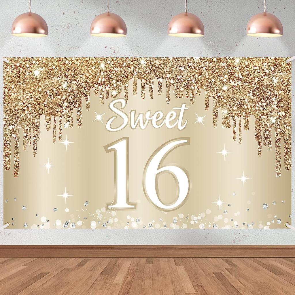 Gold White Happy Birthday Banner Decorations for Women Girls, Gold Glitter Happy Birthday Backdrop Party Supplies, 16th 18th 21st 30th 40th 50th 60th