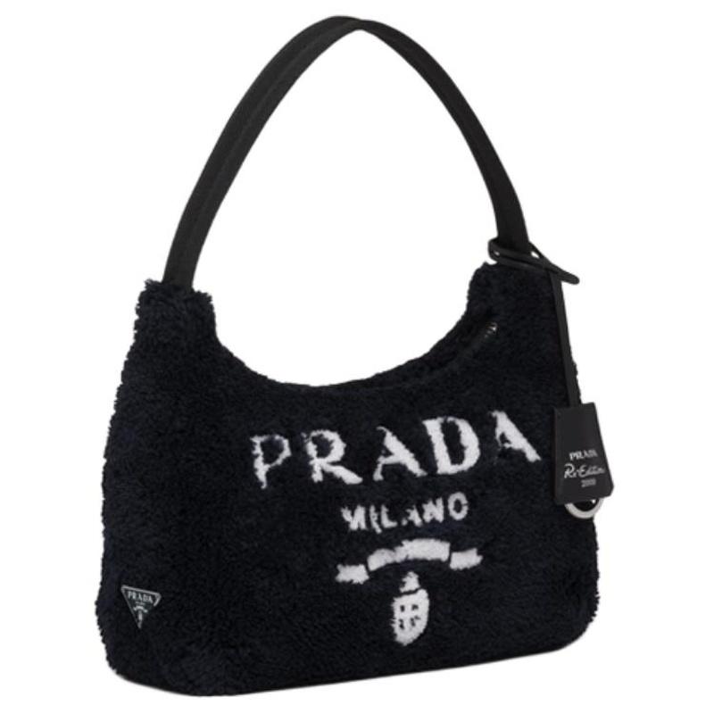 Prada Re-Edition Logo Zip Closure Terry Fabric Underarm Bag Hand Shoulder Bag Mini Women's Black