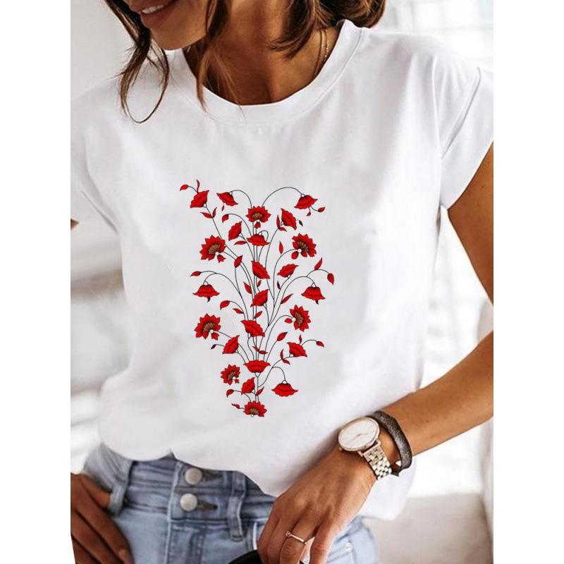 Spring Summer Women's Clothing Love Flower Plant Printed Casual Simple Trendy Top Round Neck Pure Cotton Short Sleeved T-Shirts Women’s