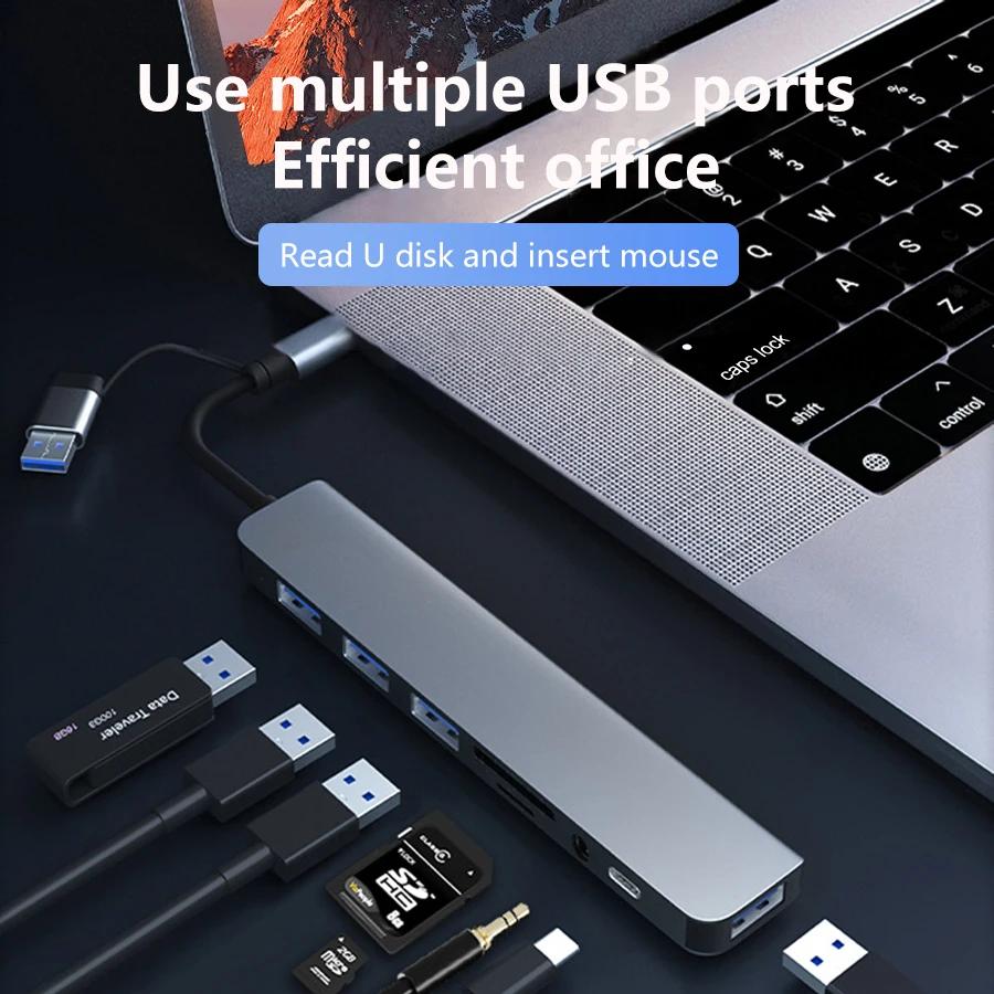 8-in-2 USB 3.0 HUB USB C HUB 4K HDMI Adapter with RJ45 SD/TF High Speed Transmission Splitter TYPE-C HUB For MacBook Computer