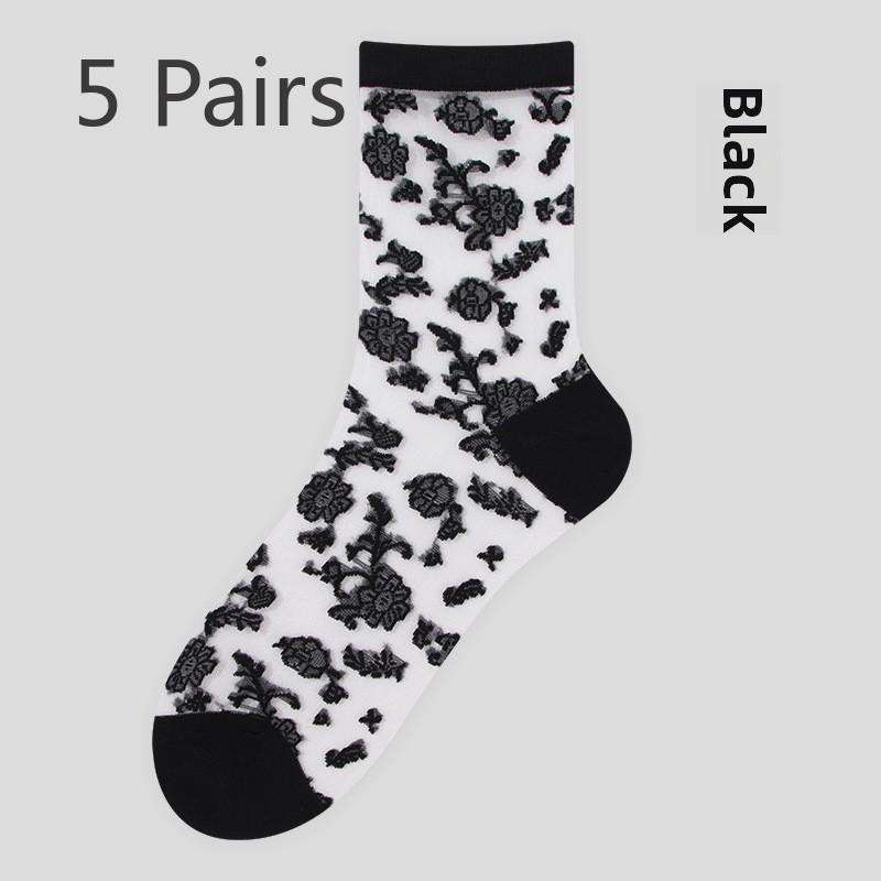 5 Pairs Spring and Summer Lace Stockings Midtube Stockings for Women Crystal Stockings Ballet Wind Socks for Women Spring and Summer Socks