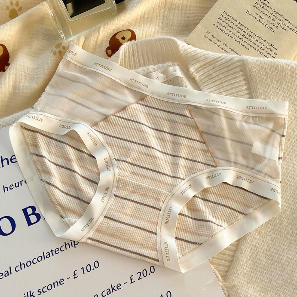 3Pcs Mid Waist Stripe Letter Briefs Ultra-thin Underwear for Women Mesh Seamless Panties  Gifts