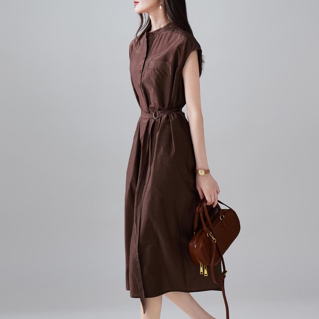 Minimalist printed round neck short sleeved dress for 2026 summer fashion, versatile and slimming, mid length lace up skirt