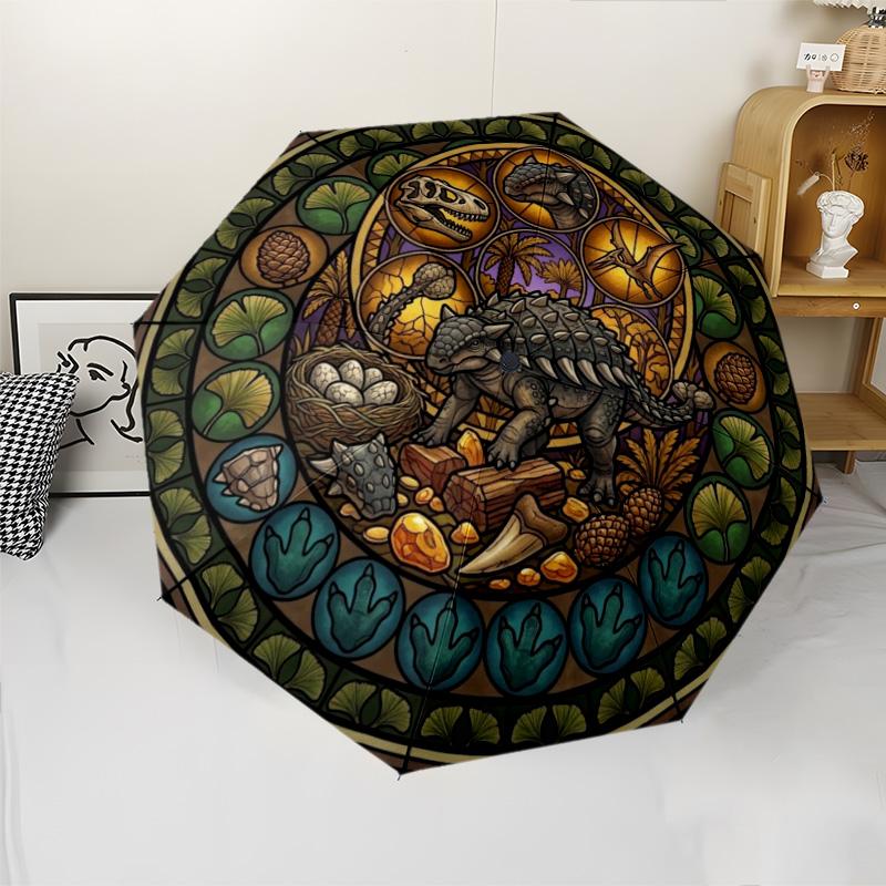 Dinosaur Glass Art Pattern Umbrella, Portable and Foldable Design, 8 Ribs, a Casual Accessory for Halloween, Christmas, and Birthday Gifts.