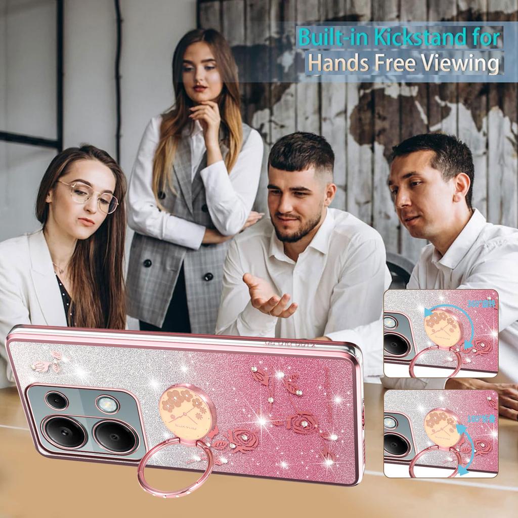 KADEM For Xiaomi Redmi Note 13 Pro 4G/Note 14S 4G/Poco M6 Pro 4G Case Ring Kickstand TPU Flowers Phone Cover Gradient Glitter