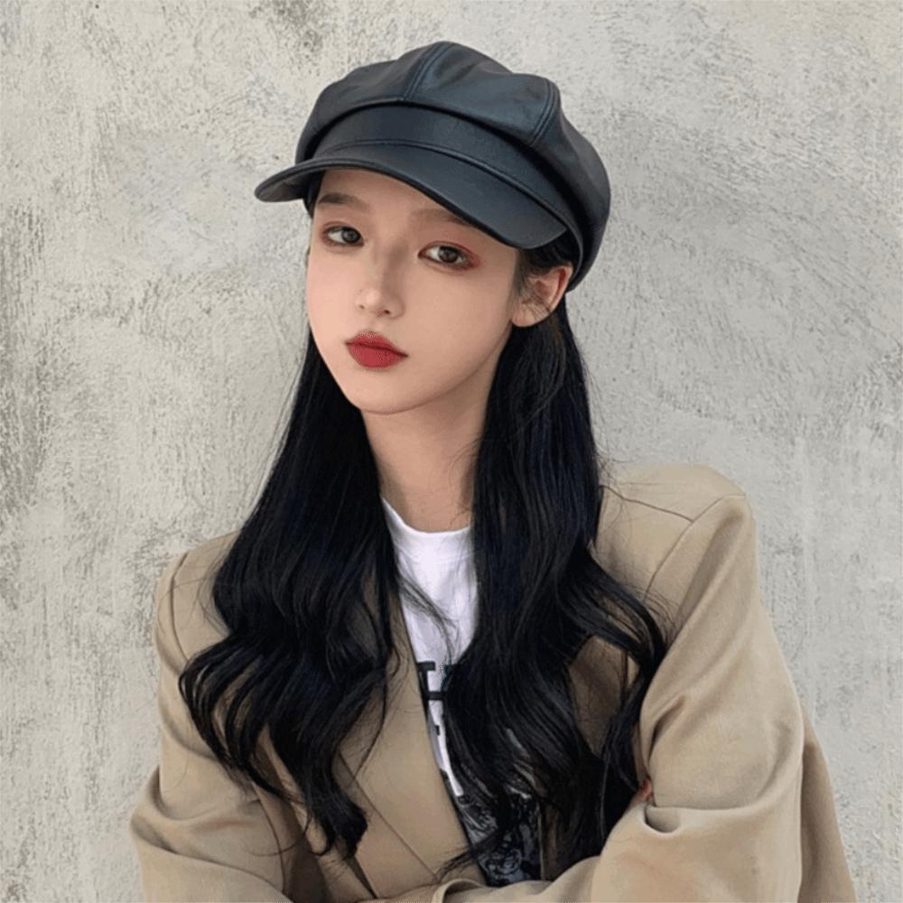 Warm halten Vintage PU Baskenmütze Einfarbig Unisex Schlichter Hut Herbst und Winter