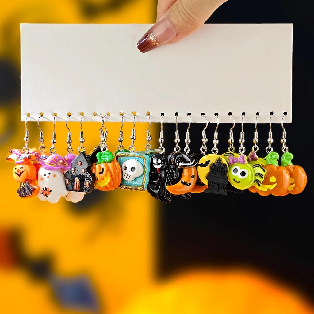 Neues Halloween Niedlich Lustig Kürbis Fledermaus Geist Schwarze Katze Spinne Hexenhut Harz Anhänger Ohrringe Halloween Geschenkset