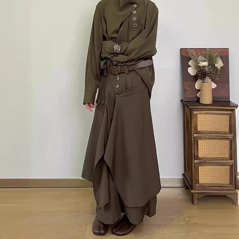 Men's Premium Japanese Nine-Point Wide-Leg Skirt Pants with Irregular Buttons