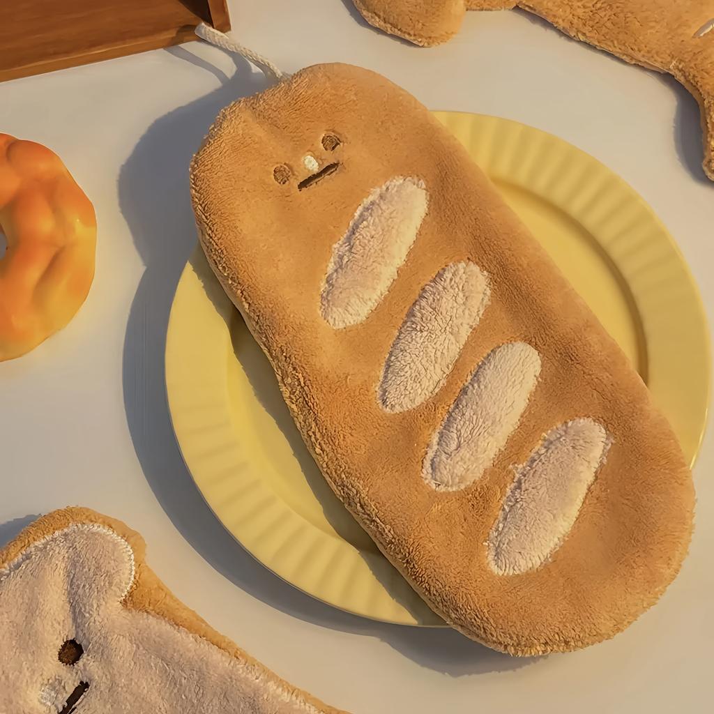 2pcs Very Cute Toast Hand Wipes, Toast and Baguette Shapes, Coral Velvet Material, Highly Absorbent, Hanging Kitchen and Sink