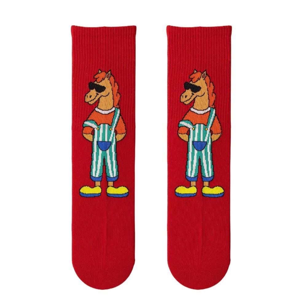 Chinese Culture Year of The Horse Socks Cartoon Red Cotton Socks Zodiac Year Socks Winter Autumn