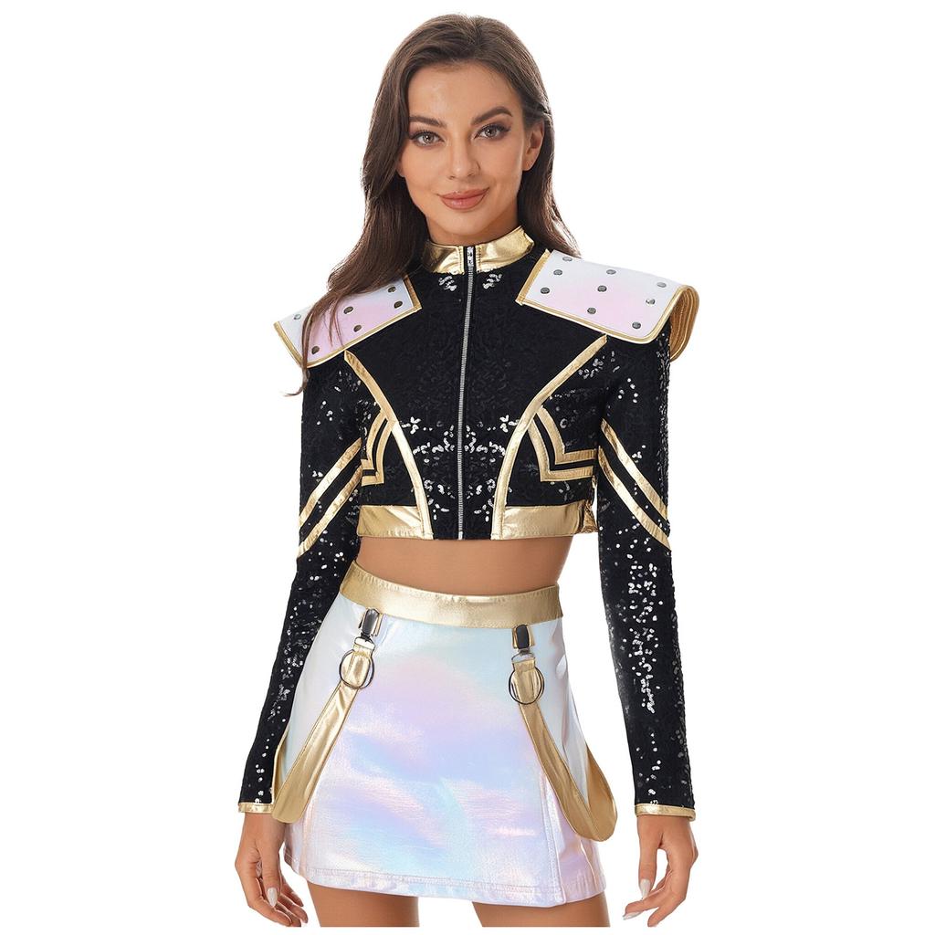 Womens Halloween Cosplay Outfit Long Sleeve Rivet Shoulder Boards Front Zip Sequined Crop Jacket Metallic Shiny Mini Skirt