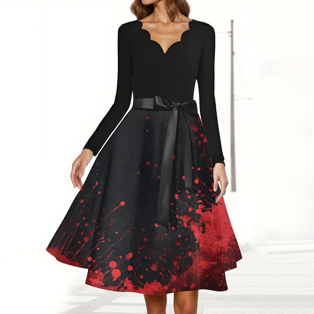 Women's Casual Fashion Halloween Printed V-Neck Vintage Dress