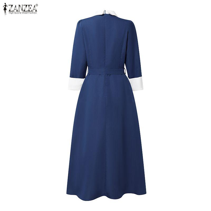 ZANZEA Women Splice Collar 3/4 Sleeve Casual Long Dress