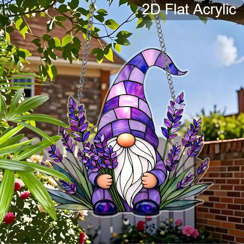 Acrylic Lavender Gnome Suncatcher, Stained Glass Effect Window Hanging Ornament for Whimsical & Floral Lover Gifts