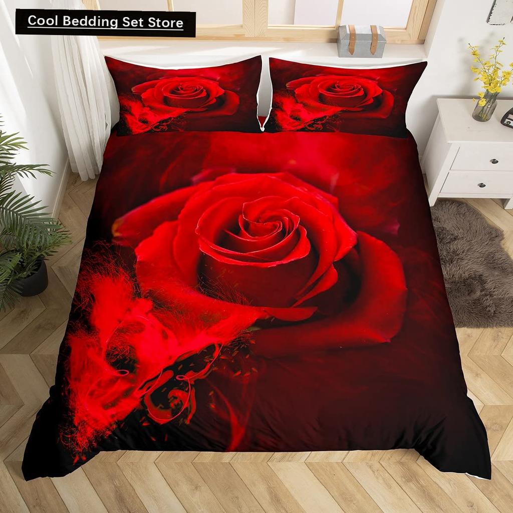 Goldene Rote Rose König Königin Bettbezug Romantisches Florales Bettwäscheset Valentinstag Blumen Steppdeckenbezug Polyester Bettdeckenbezug