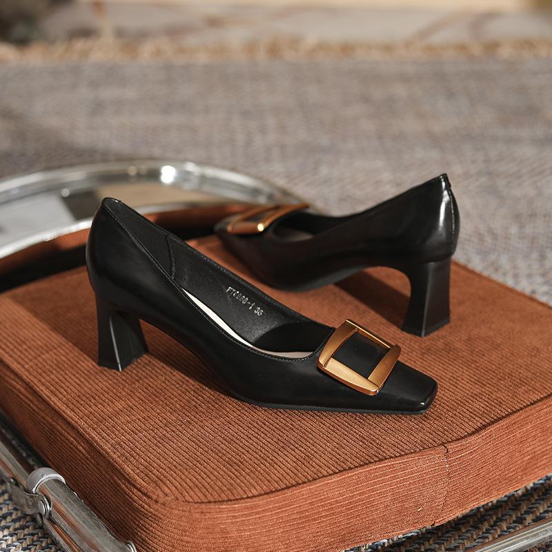 

-Туфли-лодочки женские на высоком толстом каблуке, с квадратным носком, в стиле ретро, коричневые, высокого класса, классические черные, универсальные 34