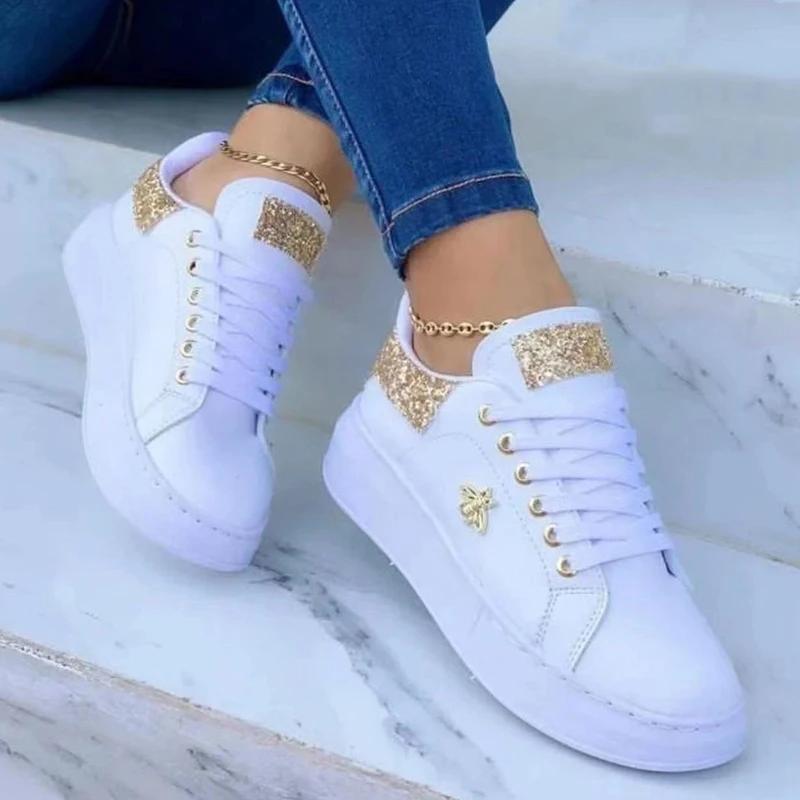 

Autumn Shoes Waterproof White Sneakers for Women Korean Version Lace Up Casual Flat Sport Shoes Ladies Vulcanized Shoes 2025 36 золотой