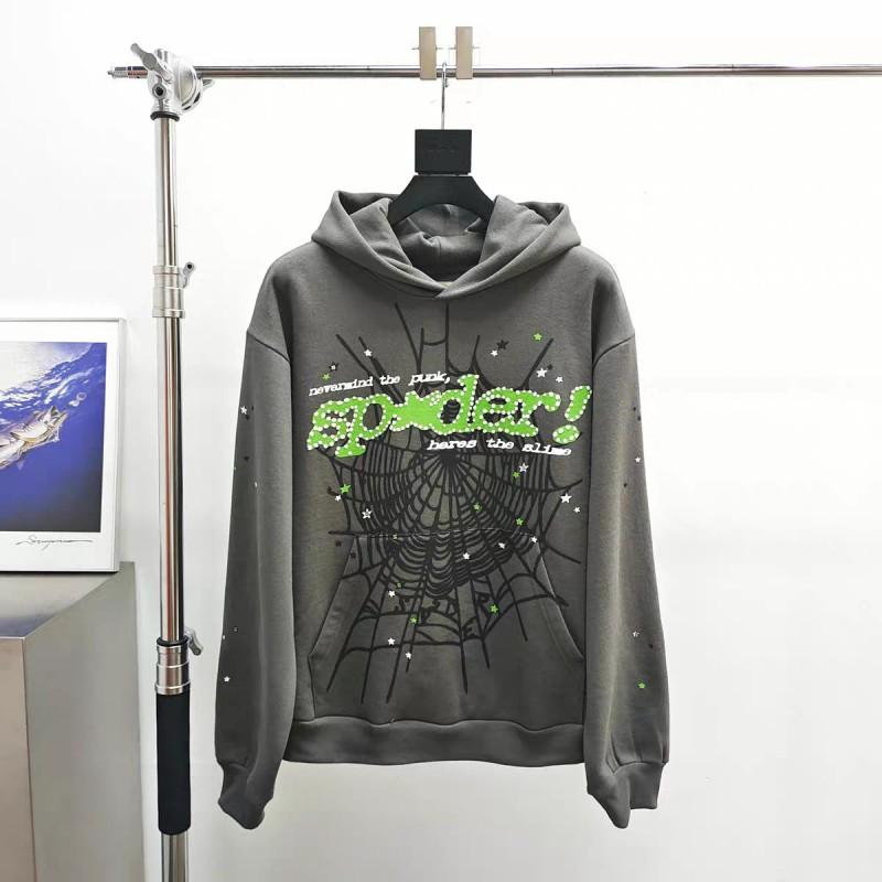 Felpa Sp5der Oversize Spessa in Pile con Stampa a Foglia Ragnatela Design Uomo Inverno Casual