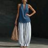 Women Cotton Linen 2 Piece Sets Sleeveless Halter V Neck Top And Striped Wide Leg Pants Sets Summer Vacation Lounge Outfits