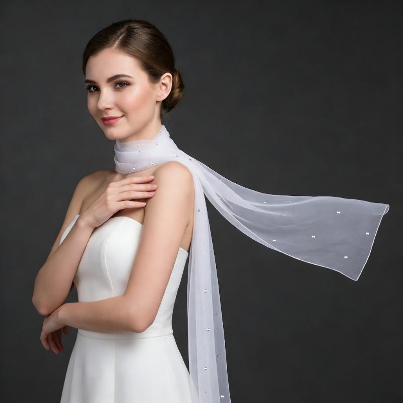 Seethrough Sheer Bridal Veils with Rhinestones Decors for Outdoor and Indoor Event Bride Shawl Wrap for Wedding Dresses