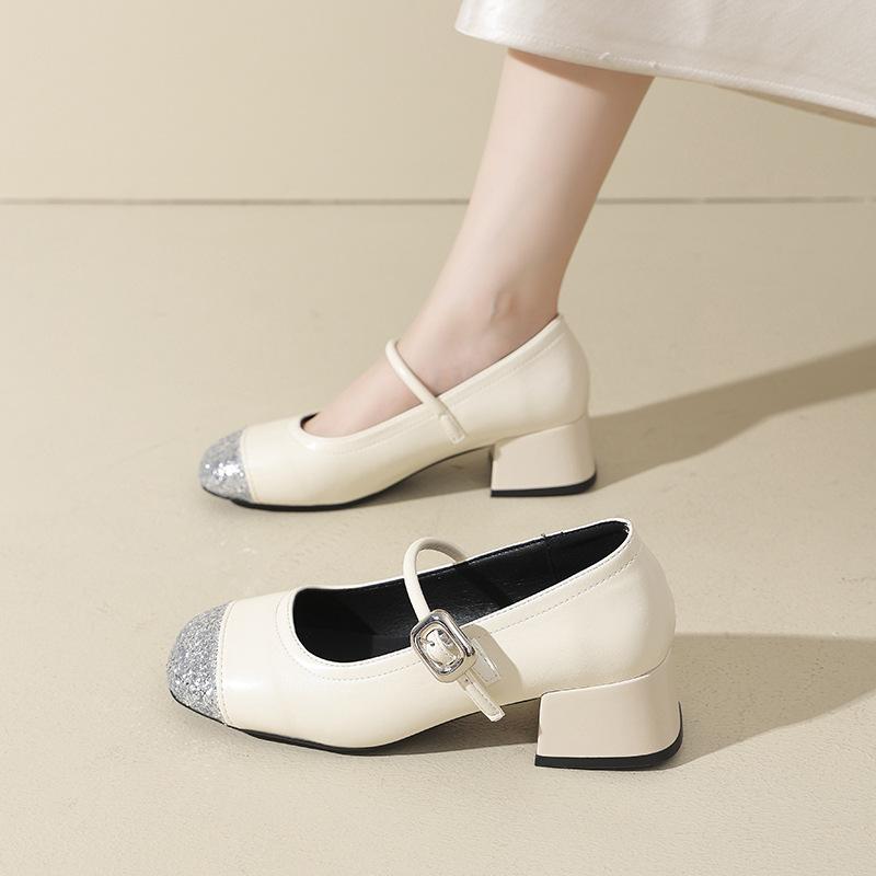 One-word sequined light-mouth single shoes for women's autumn new Xiaoxiangfeng splicing is not tired of foot temperament square head thick heel even