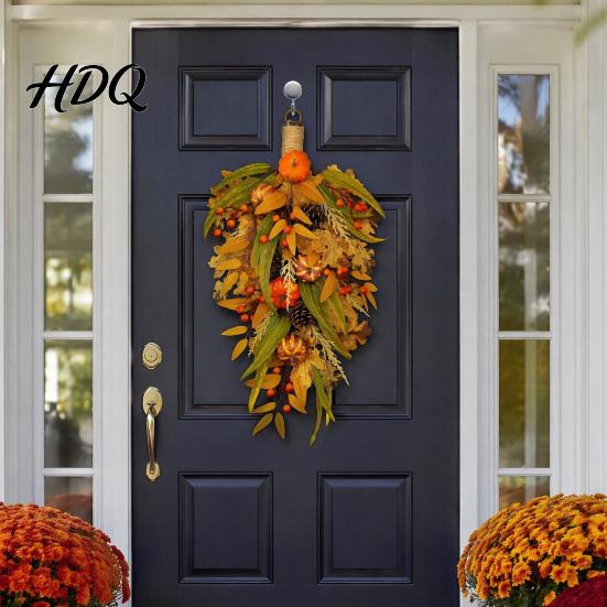 Autumn Door Swag Artificial Fall Teardrop Swag, Faux Pumpkins Berries Pinecones Leaves Easy Hanging Harvest Wreath for Thanksgiving Front Wall