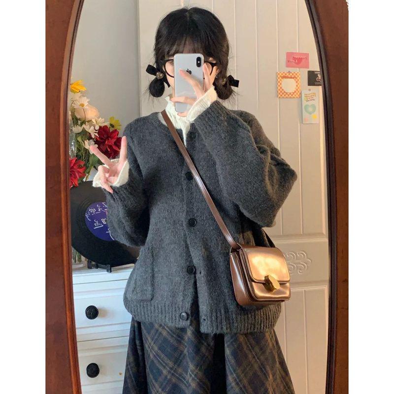 Retro podzimní pletený kardigan Mori Girl - Měkký, hřejivý, kulatý výstřih, krátká délka