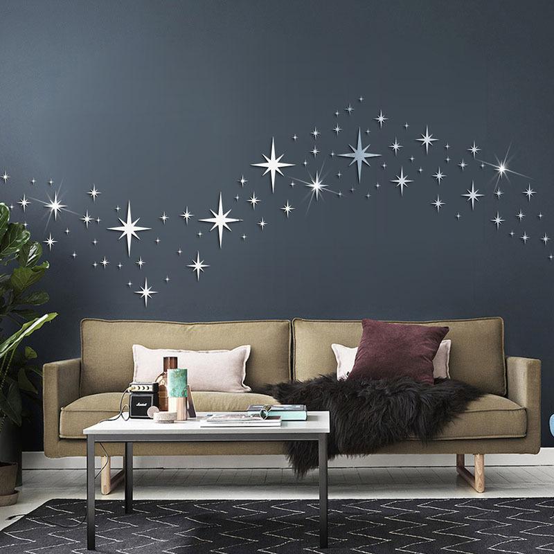 3D Silver Star Acrylic Mirror Wall Stickers 82PCS Self-Adhesive Reflective Wall Decal For Bedroom Living Room DIY Home Decor