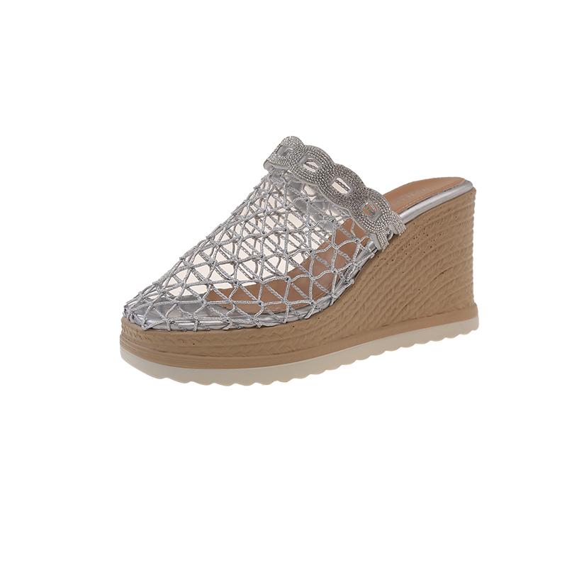 New Hollow-out Breathable Rhinestone Mesh Yarn Baotou Half Slippers Women's Summer Wear Platform Platform Fishing Net Shoes