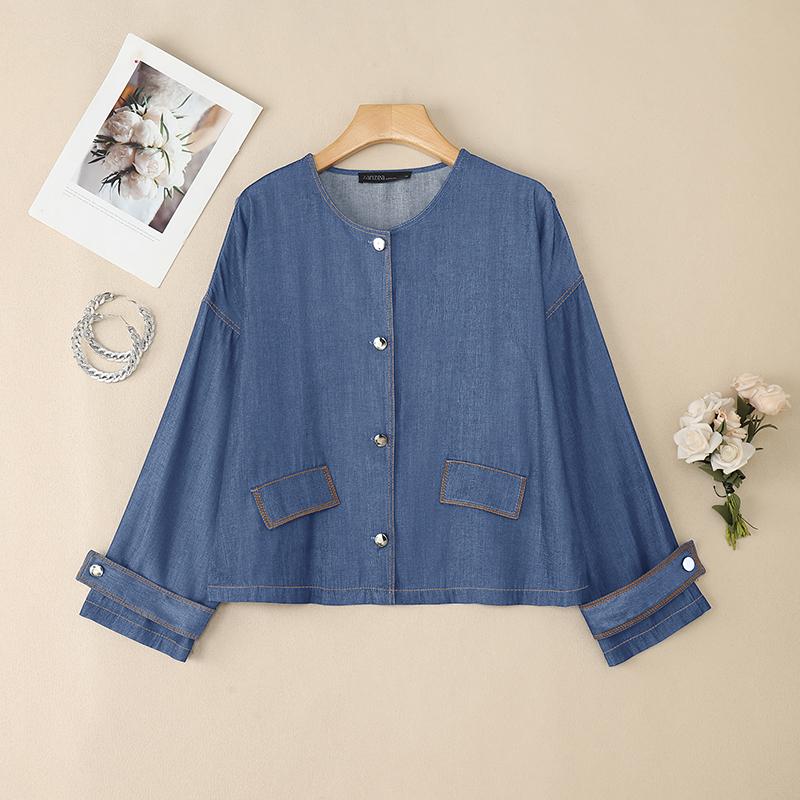 

ZANZEA Женская повседневная блузка с круглым вырезом и рукавами 3/4 свободного кроя в стиле ретро 2XL синий