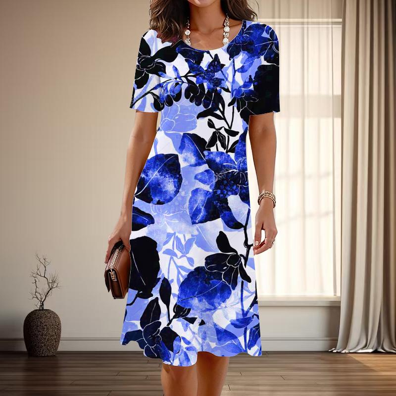 Women's Fashion Graceful Leaf Print Summer Spring Short Sleeve O-Neck Casual Dresses