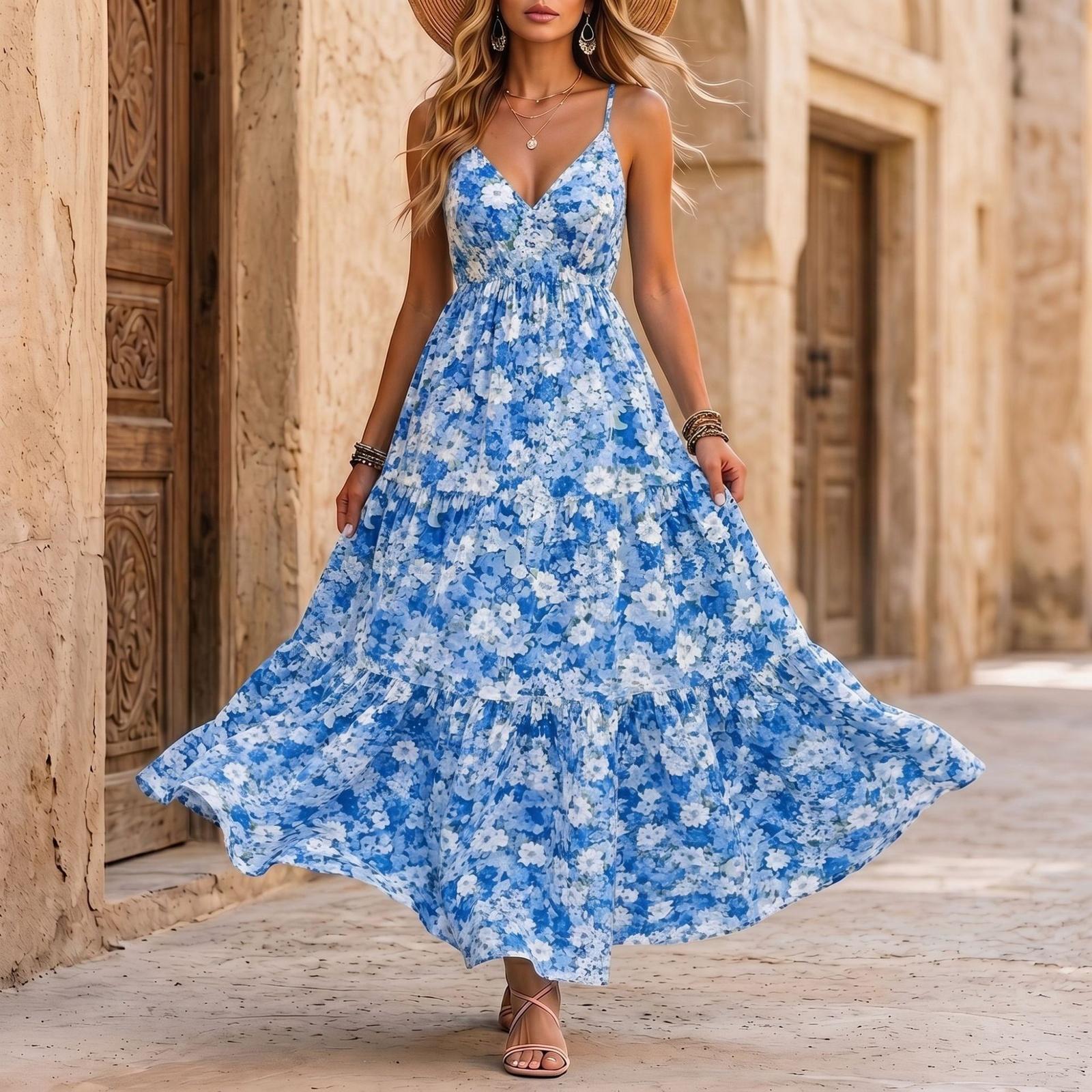 

Women’s Casual Floral Print Spaghetti Strap Maxi Dress Lightweight Sleeveless Beach Holiday Long Sundress Loose Fit Summer Dress XXL синий