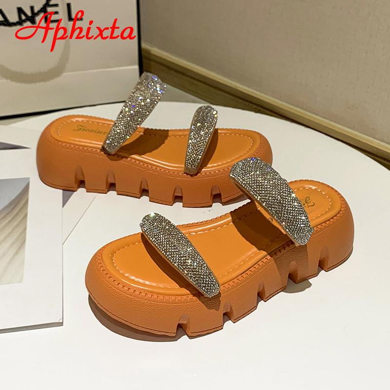 Fashion Aphixta 2025 New Summer Flat Platform Orange Slippers Women Sandals Luxury Crystals Shoes 5cm Chunky Sole Cool Slides