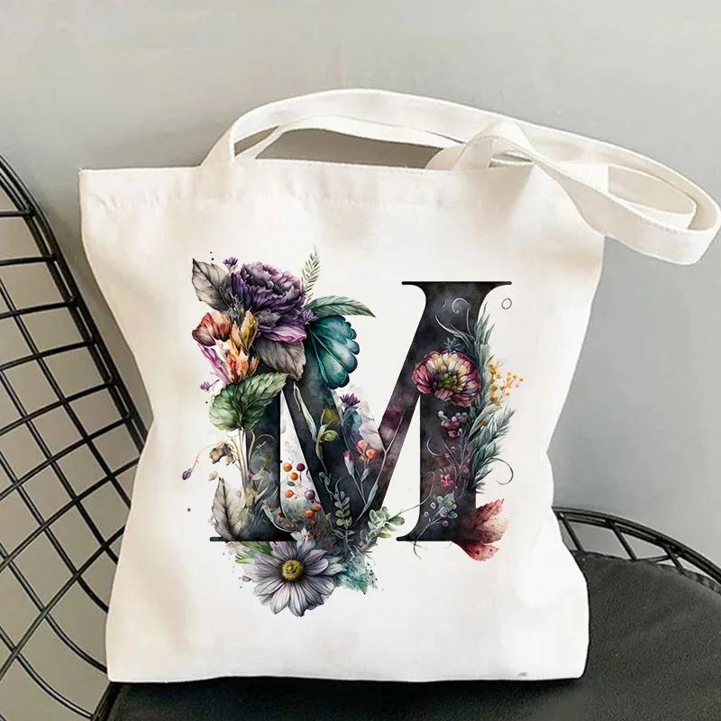 26 Black Alphabet Flower Tote Bags For Women Large Capacity Canvas Casual New Shopping Printed Reusable Handbag Eco Bag Large