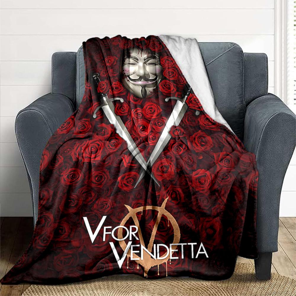 1pc V for Vendetta Flannel Throw Blanket - HD Printed Lightweight Soft Warm All-Season Blanket for Sofa, Bed, Travel, Camping 092