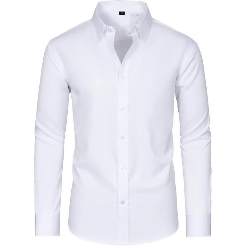 Men's Long Sleeve Solid Color Shirt, 4-Way Stretch, Natural Color Button, Slim Fit, Wrinkle Free, Business Casual Dress Shirt