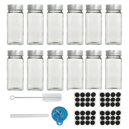 Glass Spice Jars Label with Transparent Glass Stickers 4oz with Bamboo Lid 12pcs