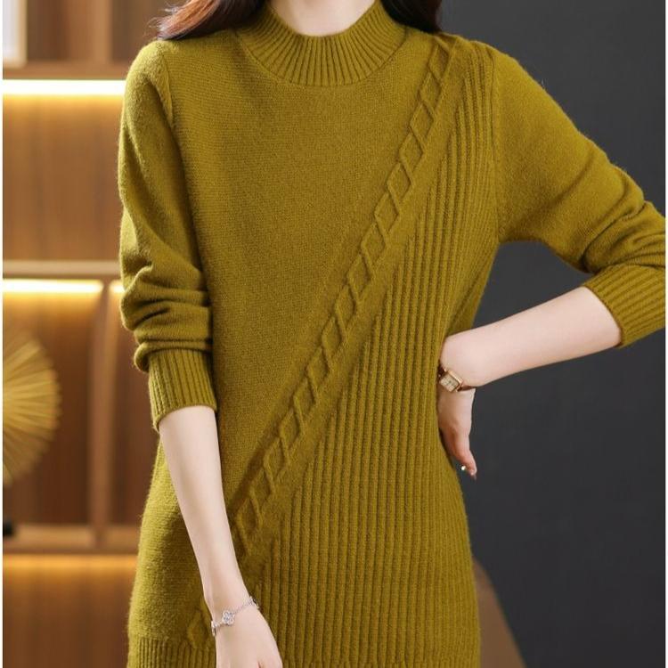 Mid-length Sweater Loose Half Turtleneck Pullover for Women Solid-color Casual Knitted Sweater for Autumn and Winter