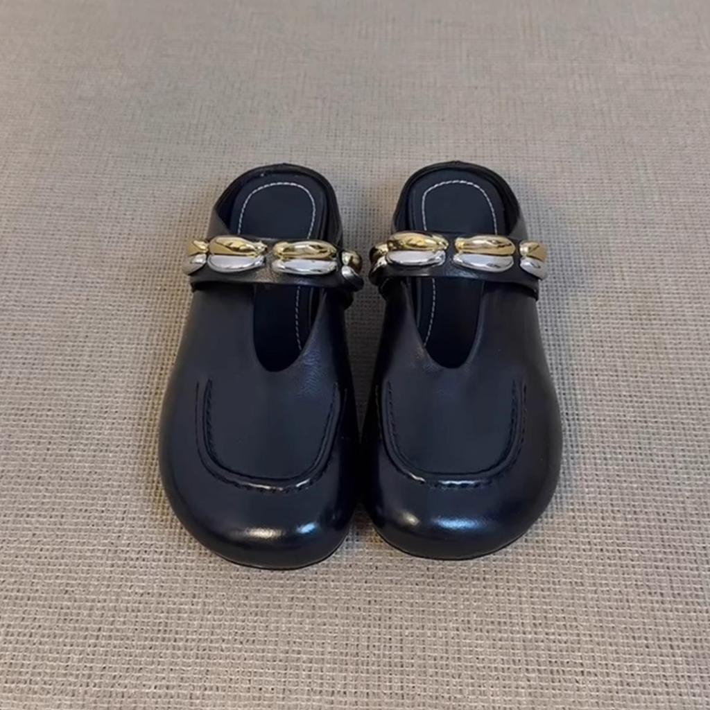 Fashion Slippers Women's 2025 New Leather Round Head Half-drag Sandals Womens Retro Metal One-word Strap Low-heeled Bag Head Shoes Women