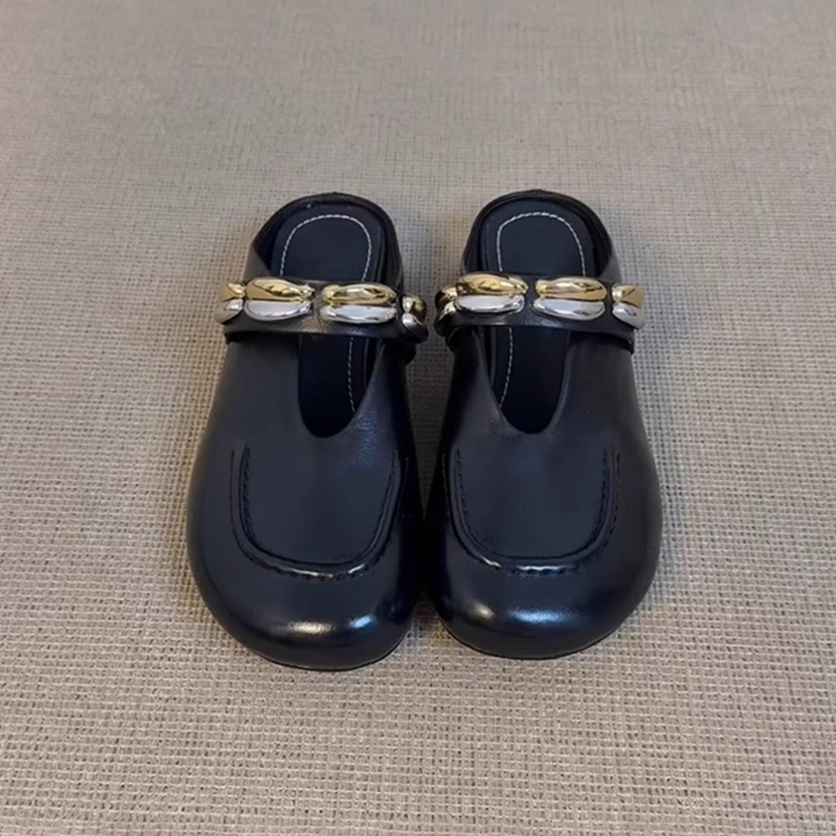 

Fashion Slippers Women s 2025 New Leather Round Head Half-drag Sandals Womens Retro Metal One-word Strap Low-heeled Bag Head Shoes Women 40 чёрный