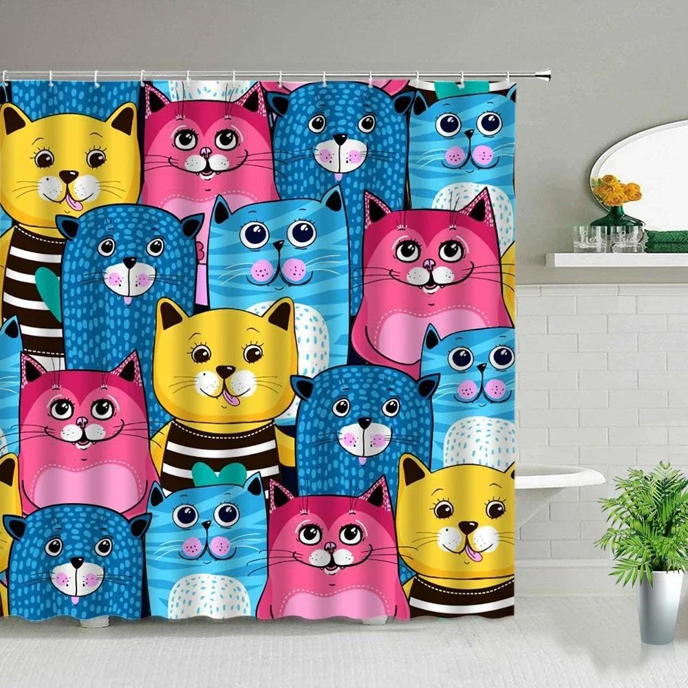 Funny Little Cat Dog Bathing Shower Curtain Cartoon Animals Printed Bathroom Curtain Set Waterproof Polyester Fabric Bath Screen
