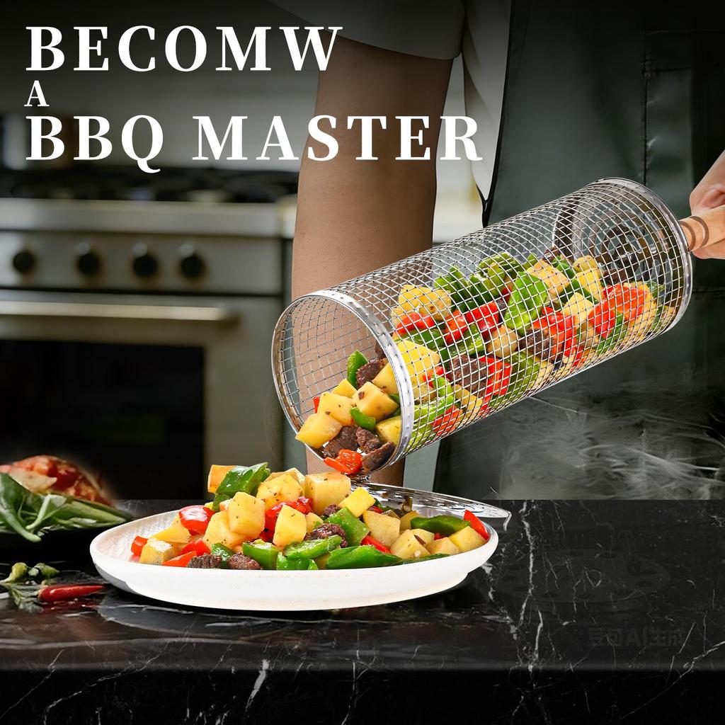 Stainless Steel Portable BBQ Rolling Grill Cage, Cylinder Smoker Net 304