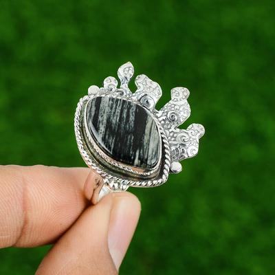 Natural Silver Leaf Jasper Stackable Adjustable Ring 925 Silver For Women