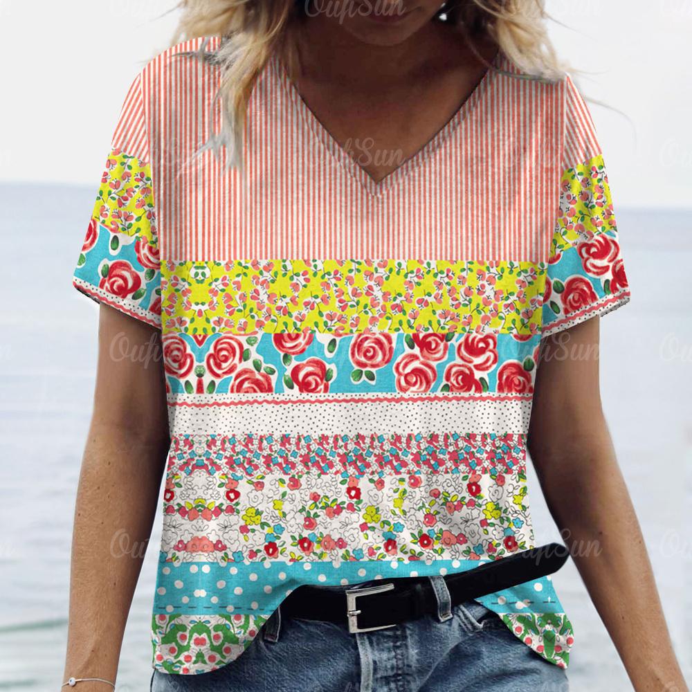 Vintage Damen T-Shirt Ethnischer Blumendruck Übergroße Bluse Damen Trendige Kleidung Mode Kurzarmshirt Damen V-Ausschnitt Hund