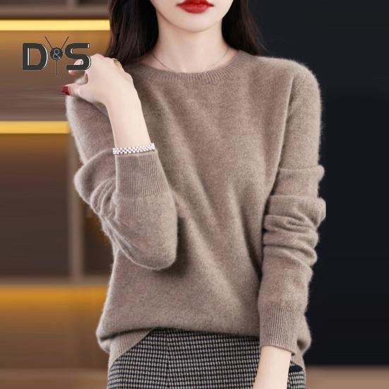 Women Bottoming Sweater Imitation Cashmere Crew Neck Sweater Long Sleeve Solid Color Slim Fit Ribbed Trim Knitting Tops