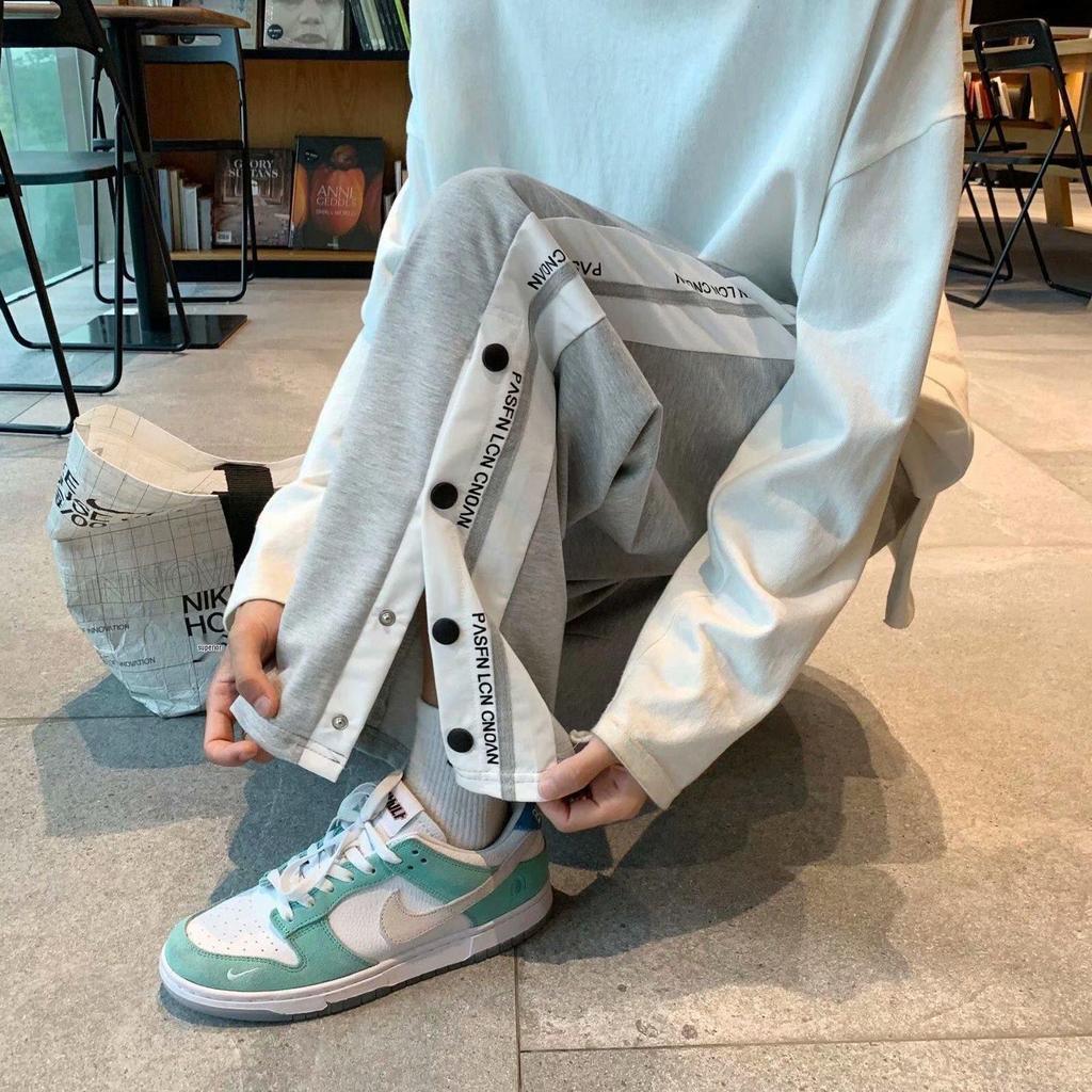 Men's Winter Fleece-Lined Wide-Leg Side Button Straight-Leg Sweatpants